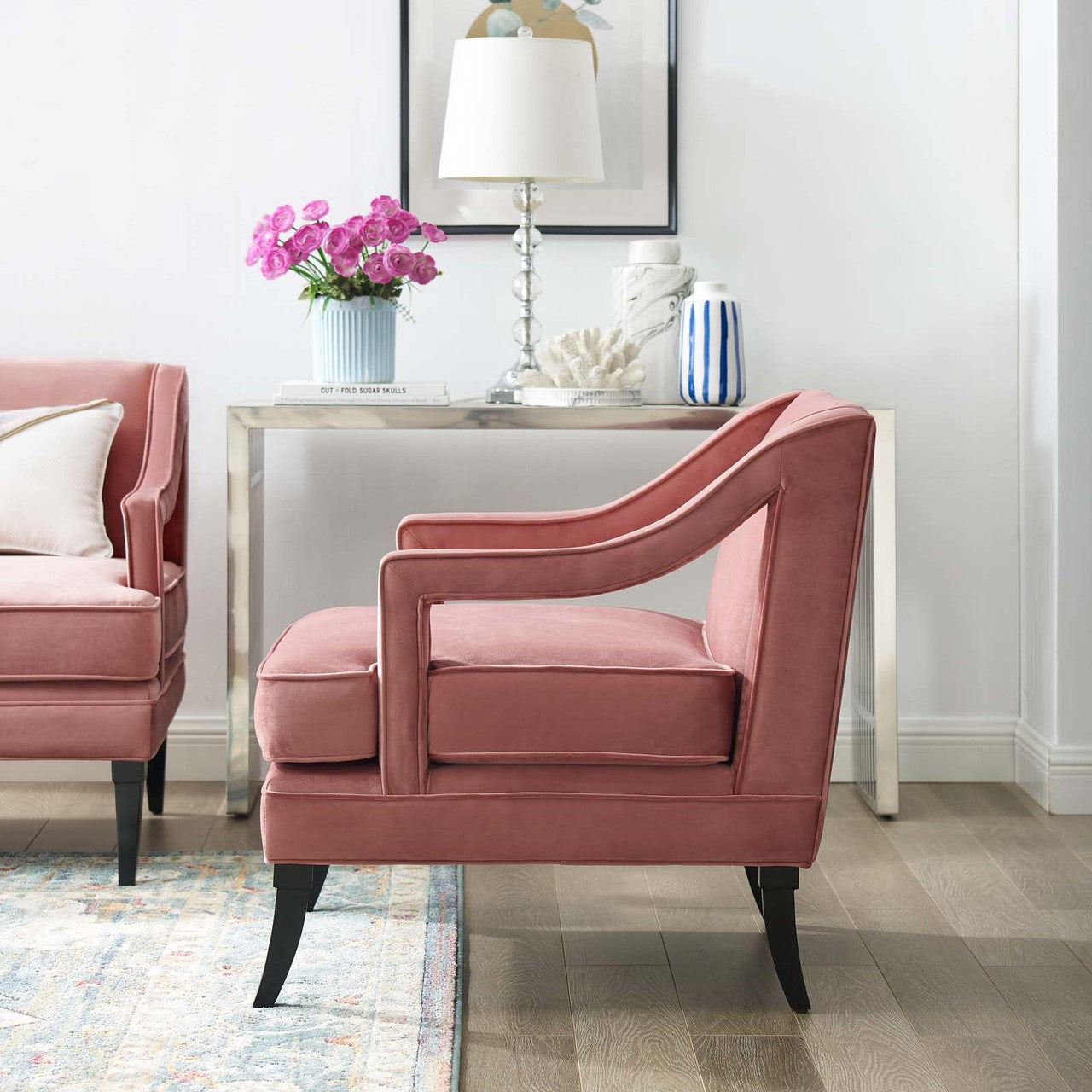 Concur Button Tufted Upholstered Velvet Armchair, Velvet Fabric, Rose Red 15292