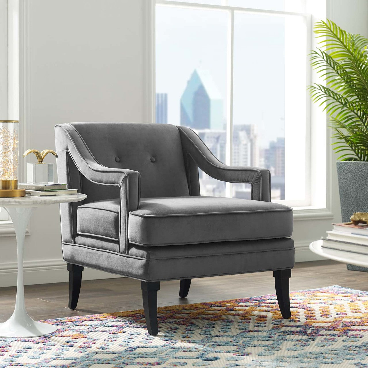 Concur Button Tufted Upholstered Velvet Armchair, Velvet Fabric, Grey Gray 15294