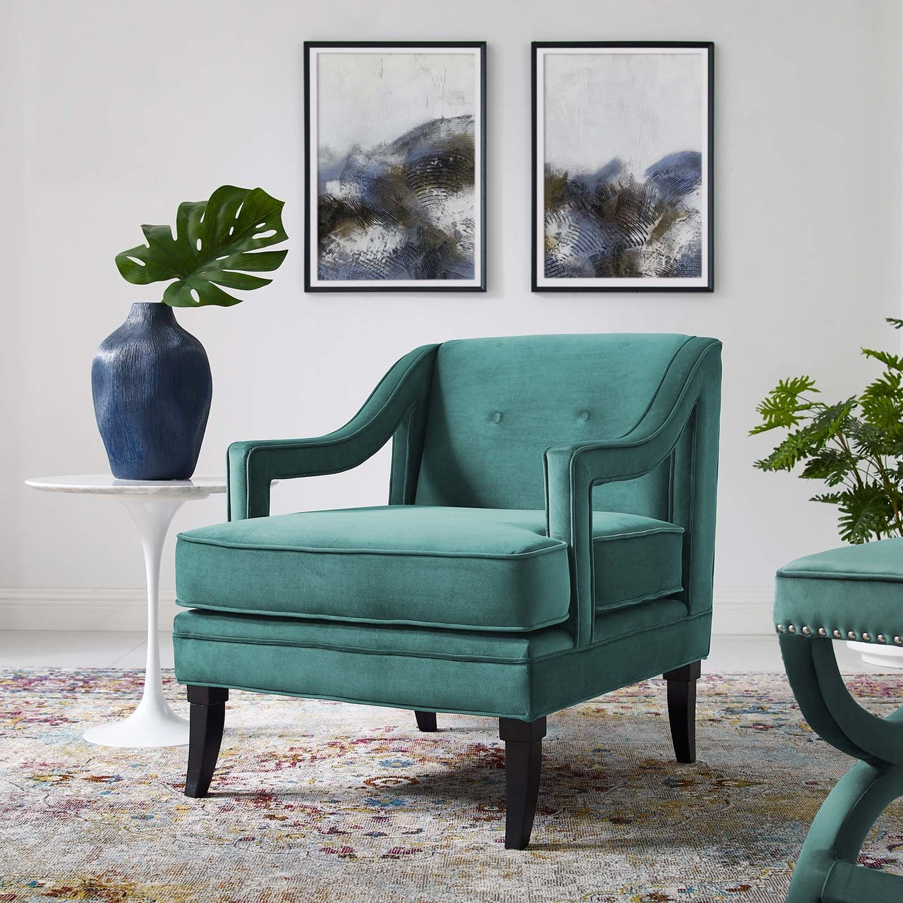 Concur Button Tufted Upholstered Velvet Armchair, Velvet Fabric, Aqua Blue 15297
