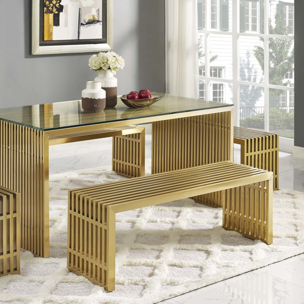 Gridiron Large Stainless Steel Bench, Metal Steel Stainless Steel, Gold 13991
