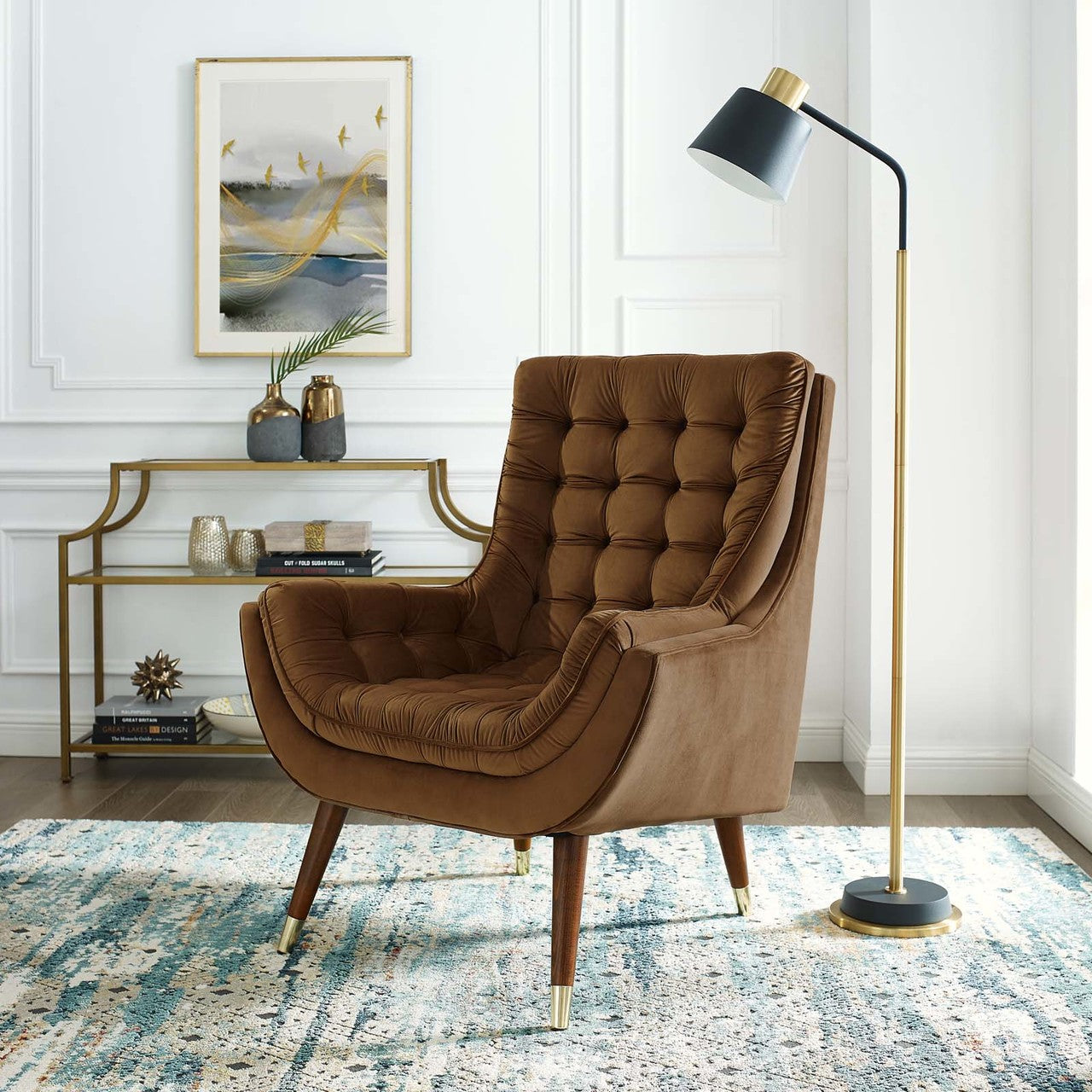 Suggest Button Tufted Upholstered Velvet Lounge Chair, Velvet Fabric, Brown 15305