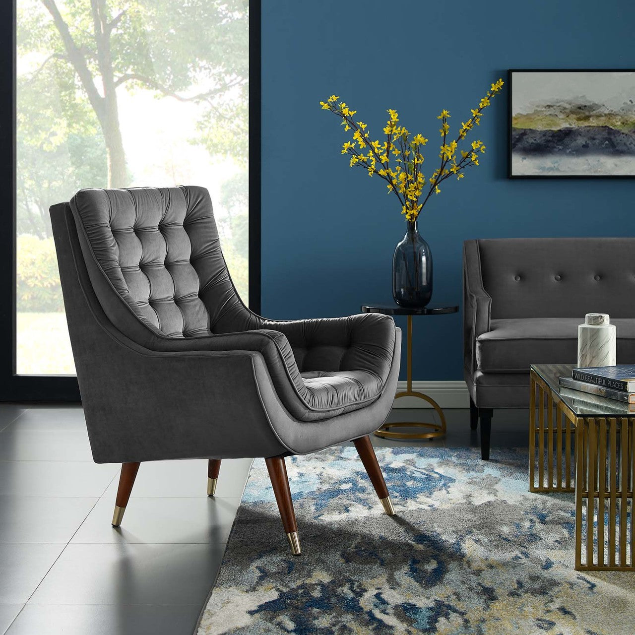 Suggest Button Tufted Upholstered Velvet Lounge Chair, Velvet Fabric, Grey Gray 15308
