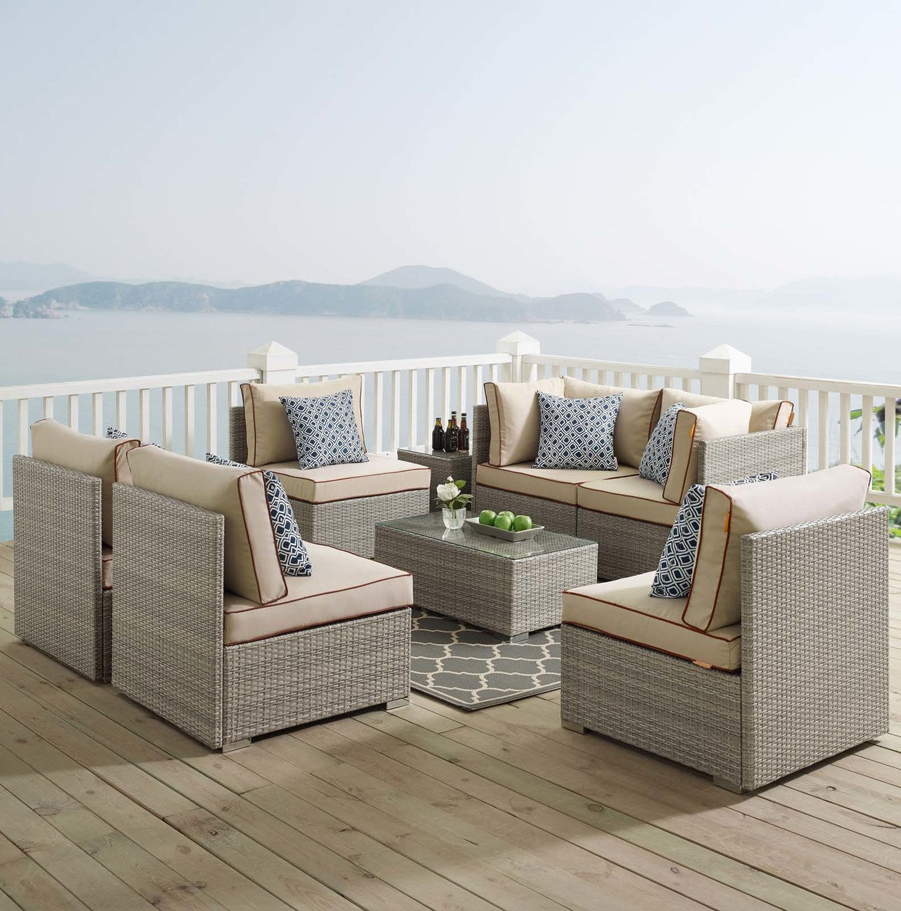 Repose 7 Piece Outdoor Patio Sectional Set, Sunbrella Rattan Wicker, Light Gray Beige 13992