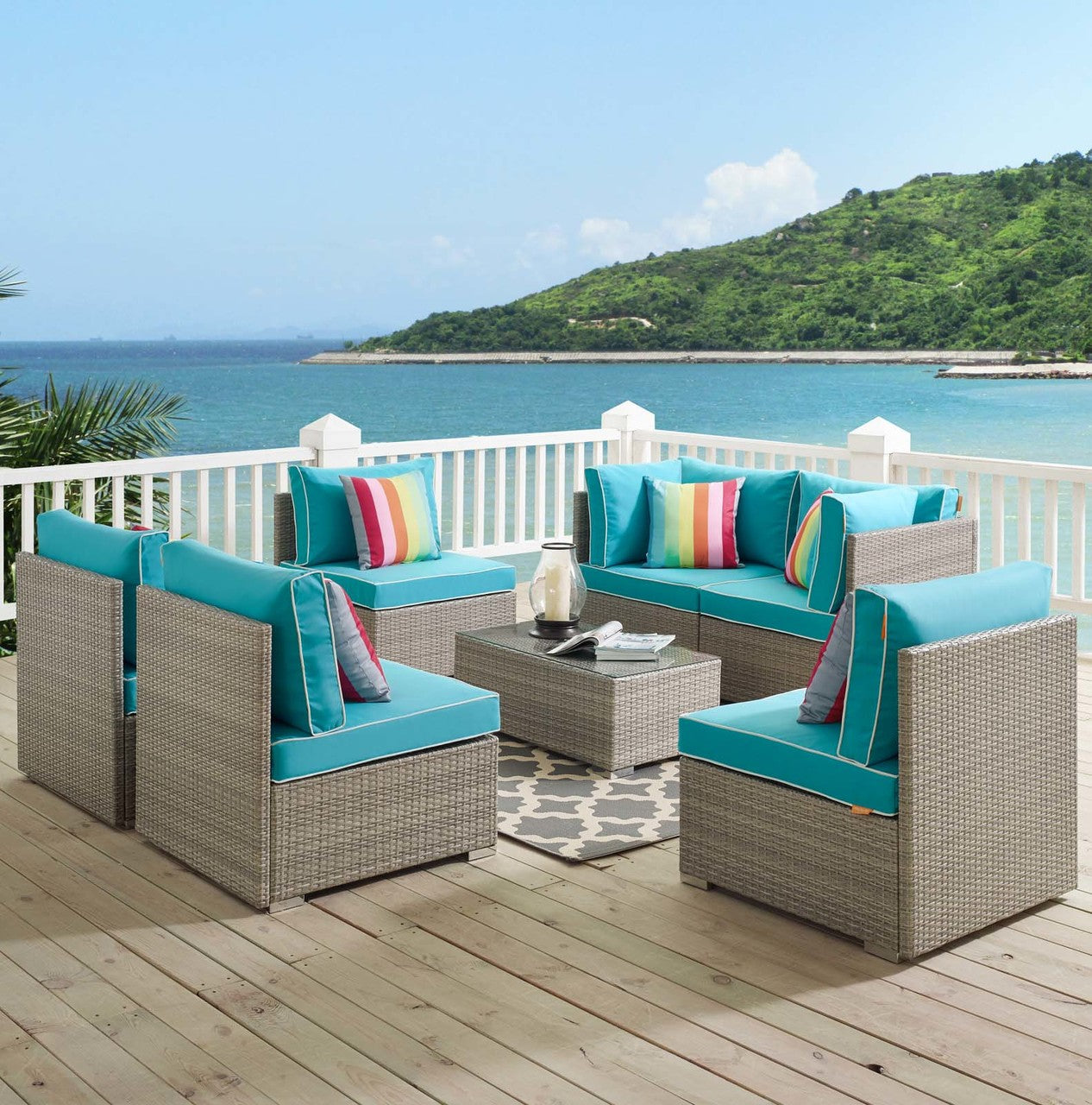 Repose 7 Piece Outdoor Patio Sectional Set, Sunbrella Rattan Wicker, Blue Light Gray 13996