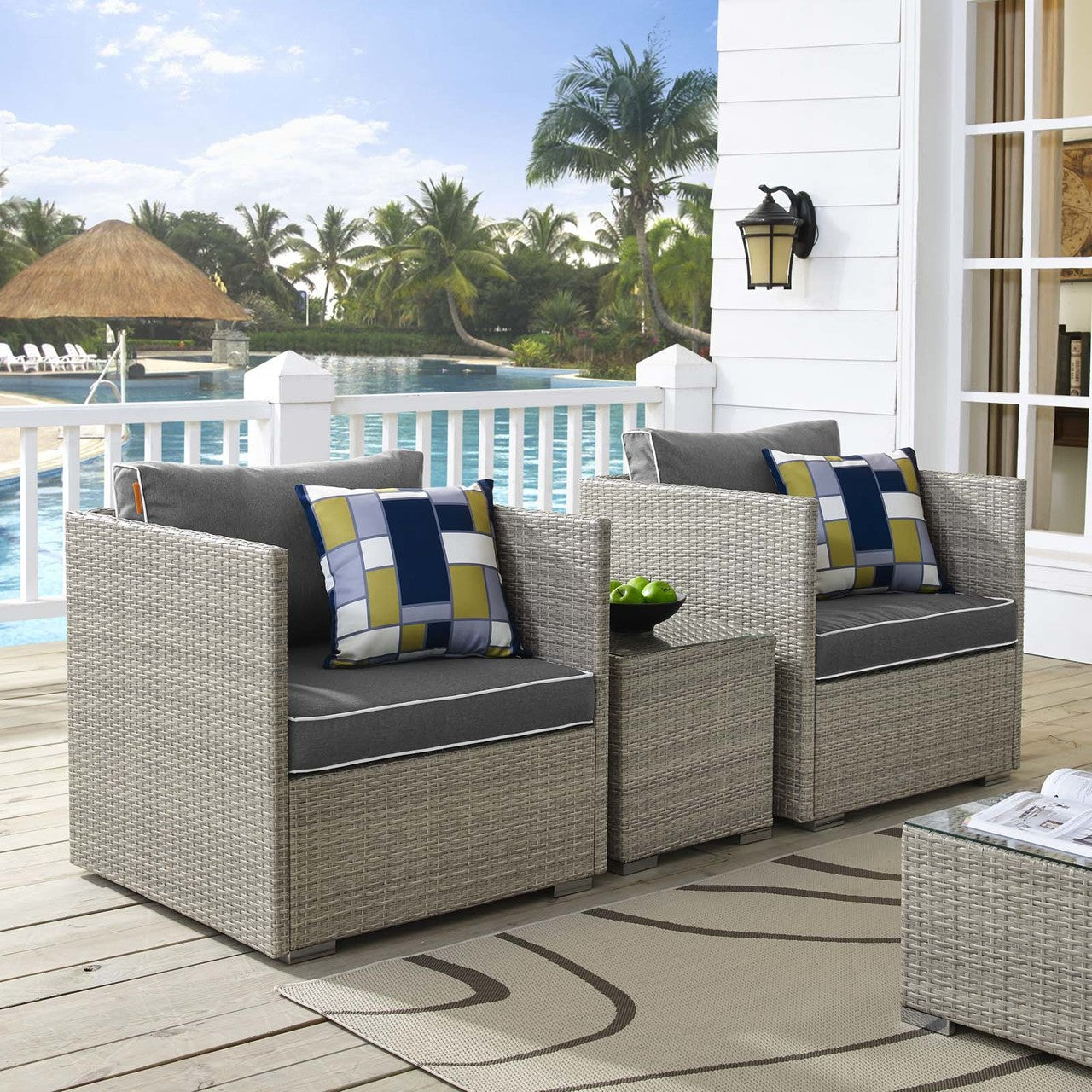 Repose 3 Piece Outdoor Patio Sectional Set, Sunbrella Rattan Wicker, Dark Grey Gray 14001