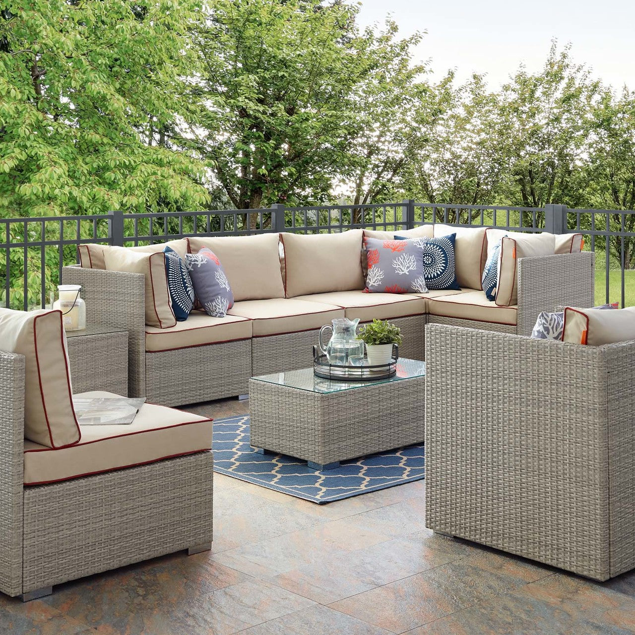 Repose 7 Piece Outdoor Patio Sectional Set, Sunbrella Rattan Wicker, Light Gray Beige 14016