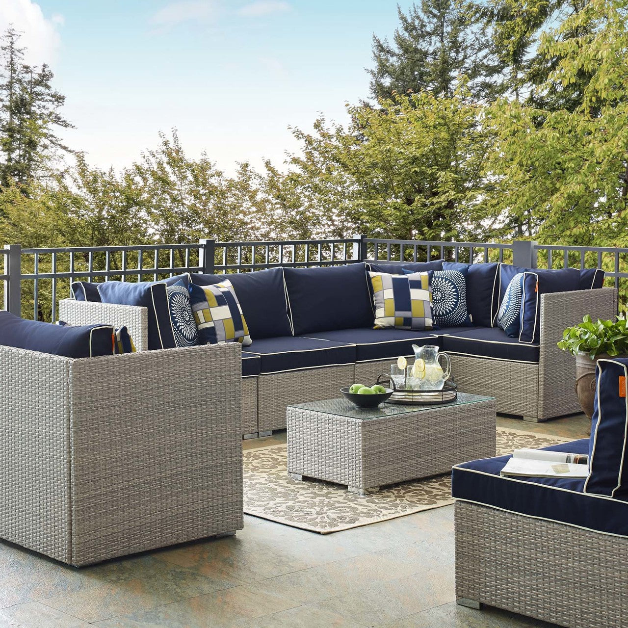 Repose 7 Piece Outdoor Patio Sectional Set, Sunbrella Rattan Wicker, Navy Blue Light Gray 14019