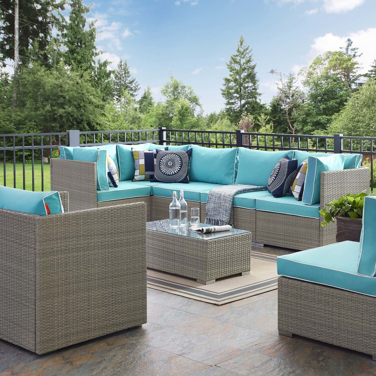 Repose 7 Piece Outdoor Patio Sectional Set, Sunbrella Rattan Wicker, Blue Light Gray 14020