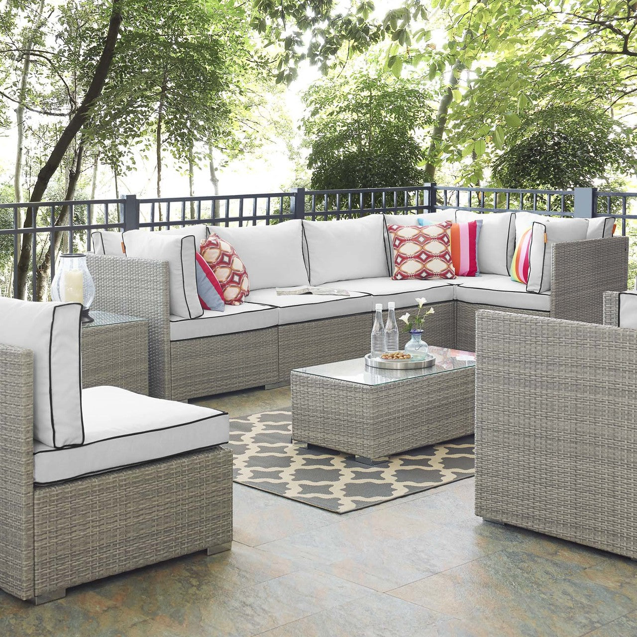 Repose 7 Piece Outdoor Patio Sectional Set, Sunbrella Rattan Wicker, White Light Gray 14021