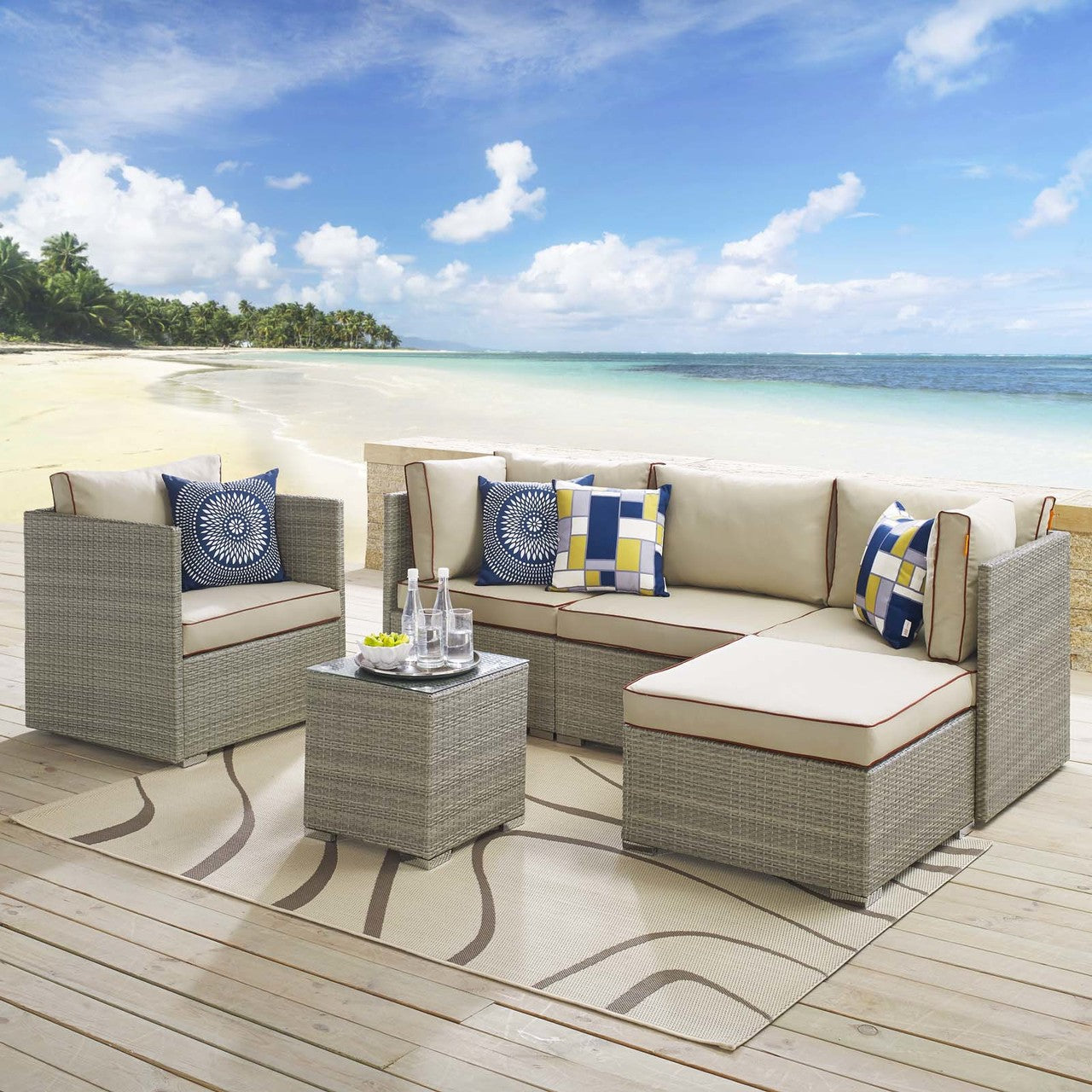Repose 6 Piece Outdoor Patio Sectional Set, Sunbrella Rattan Wicker, Light Gray Beige 14032