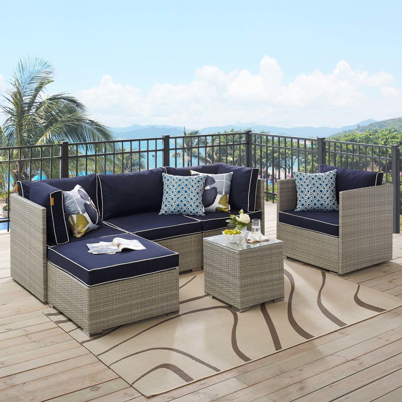 Repose 6 Piece Outdoor Patio Sectional Set, Sunbrella Rattan Wicker, Navy Blue Light Gray 14035