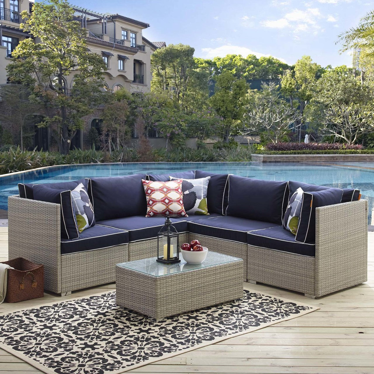 Repose 6 Piece Outdoor Patio Sectional Set, Sunbrella Rattan Wicker, Navy Blue Light Gray 14043