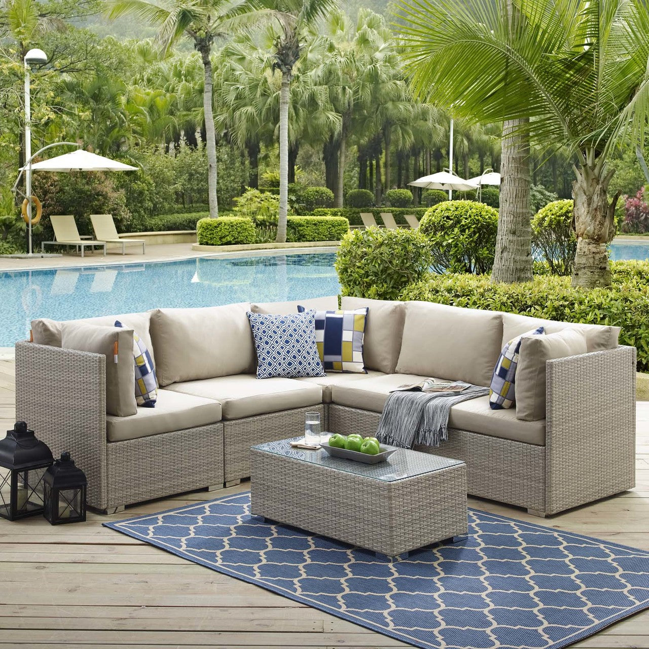 Repose 6 Piece Outdoor Patio Sunbrella® Sectional Set, Sunbrella Rattan Wicker, Light Gray Beige 14046