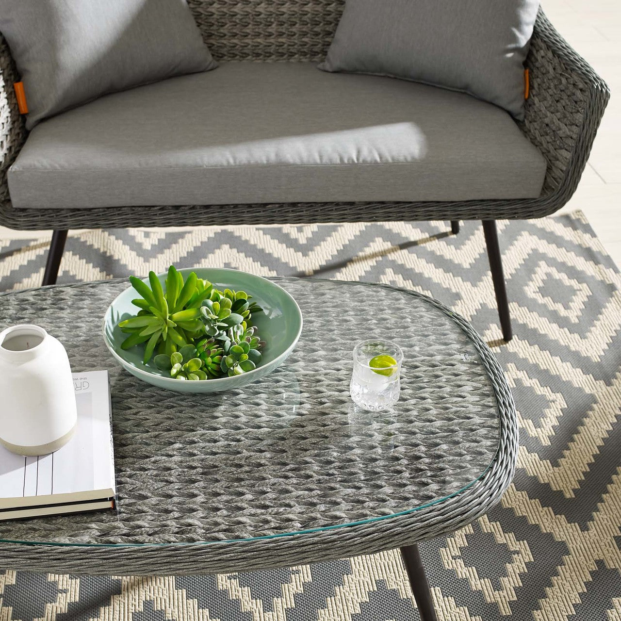 Endeavor Outdoor Patio Wicker Rattan Coffee Table, Rattan Wicker Glass Aluminum Metal, Grey Gray 14048