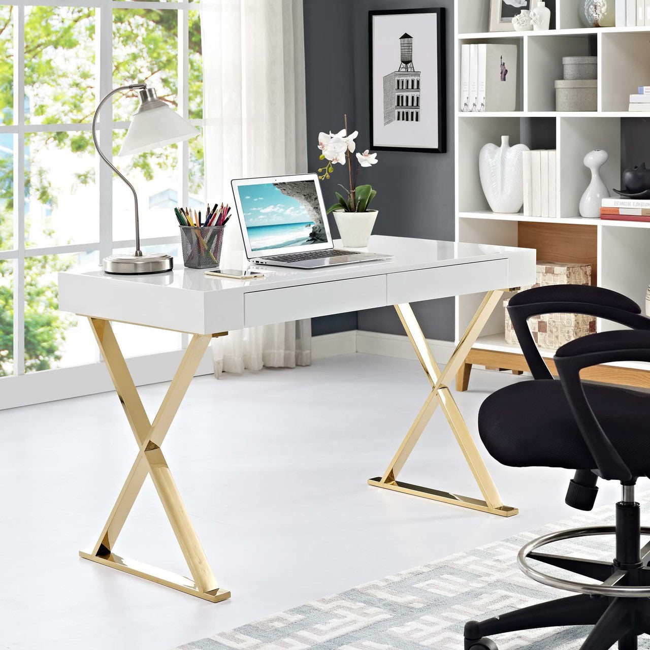 Sector Office Desk, Wood Metal Steel, White Gold 14053