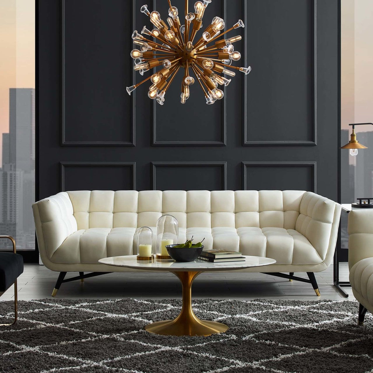 Adept Upholstered Velvet Sofa, Velvet Fabric, Ivory White 14103