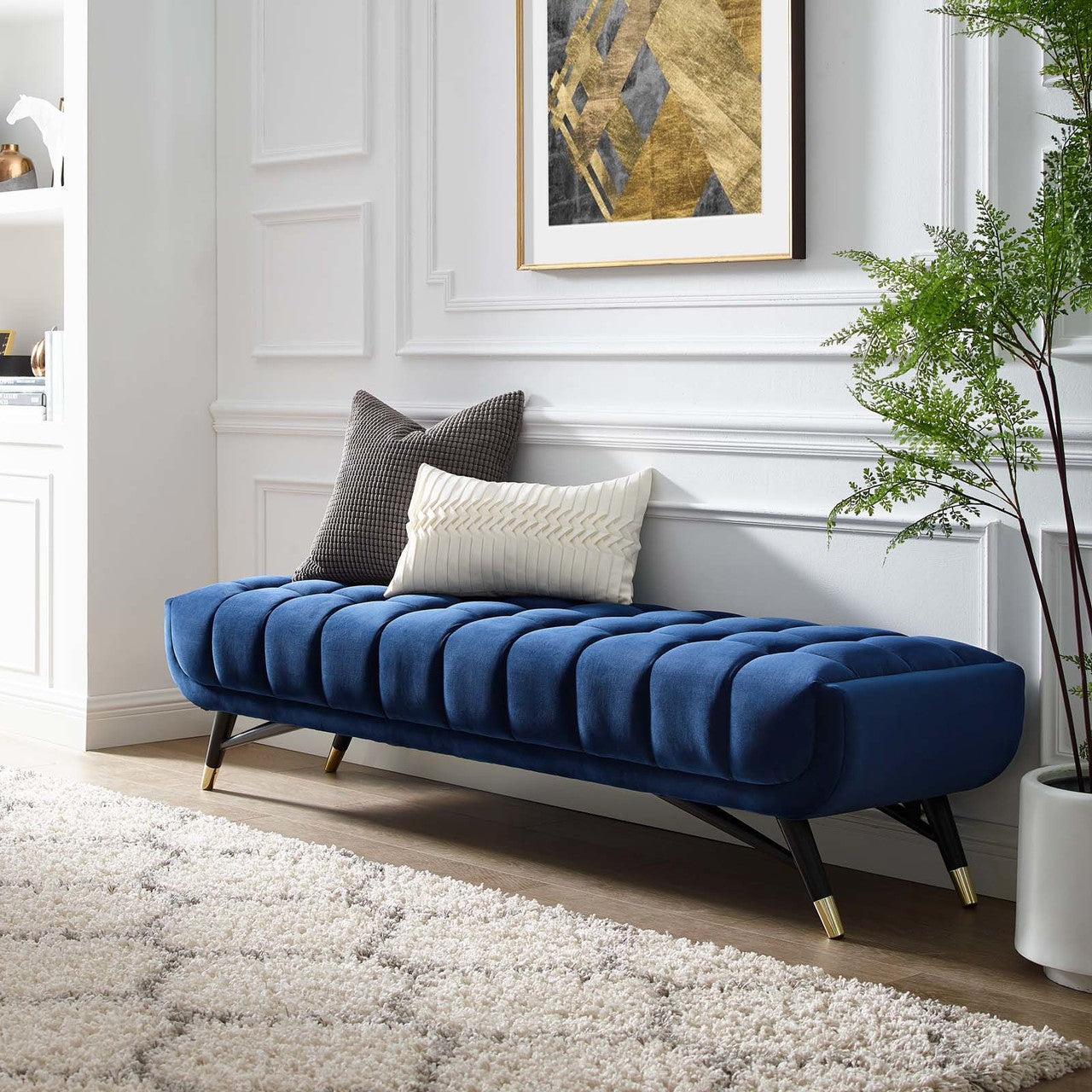 Adept Upholstered Velvet Bench, Velvet Fabric, Navy Blue 14112