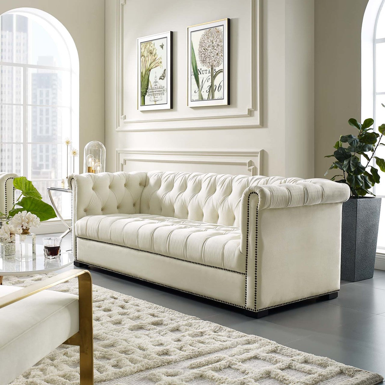 Heritage Upholstered Velvet Sofa, Velvet Fabric, Ivory White 14125