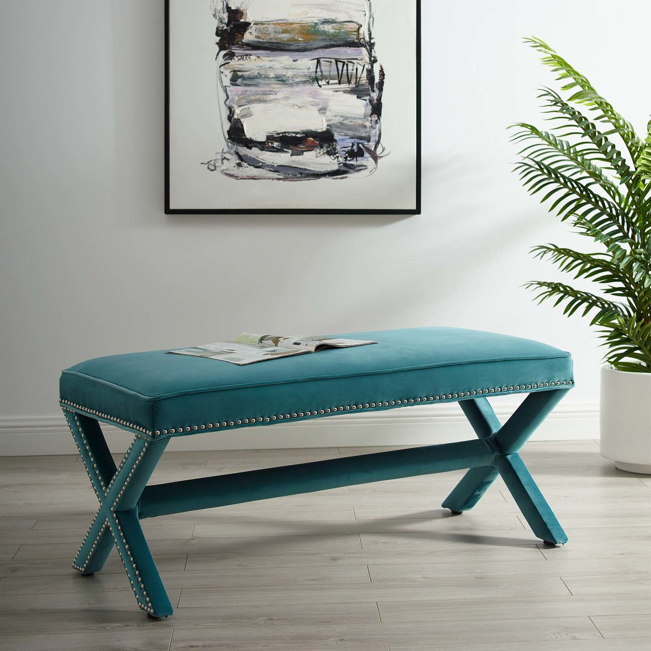Rivet Upholstered Velvet Bench, Velvet Fabric Copper Nail Rivet, Blue 15196