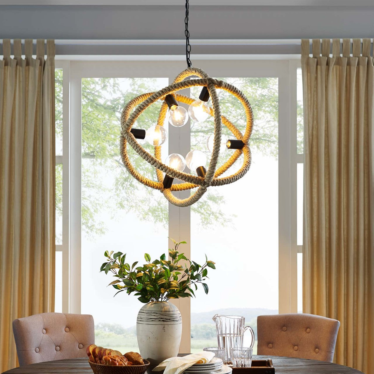 Transpose Rope Pendant Chandelier, Metal Steel Rope, Beige 14146