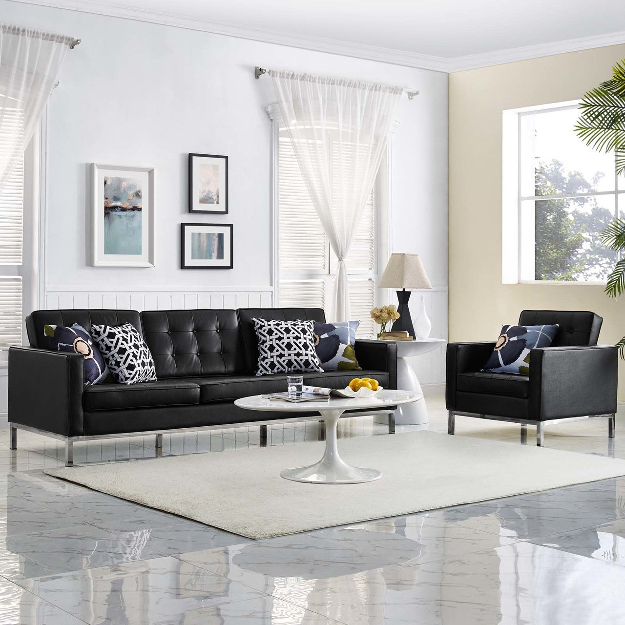 Loft 2 Piece Leather Sofa and Armchair Set, Genuine Leather, Black 14167