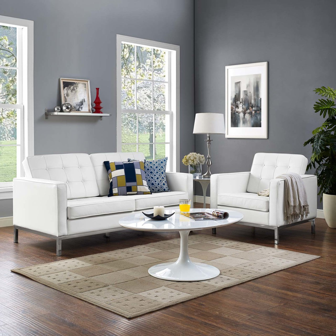 Loft 2 Piece Leather Loveseat and Armchair Set, Genuine Leather, White 14170