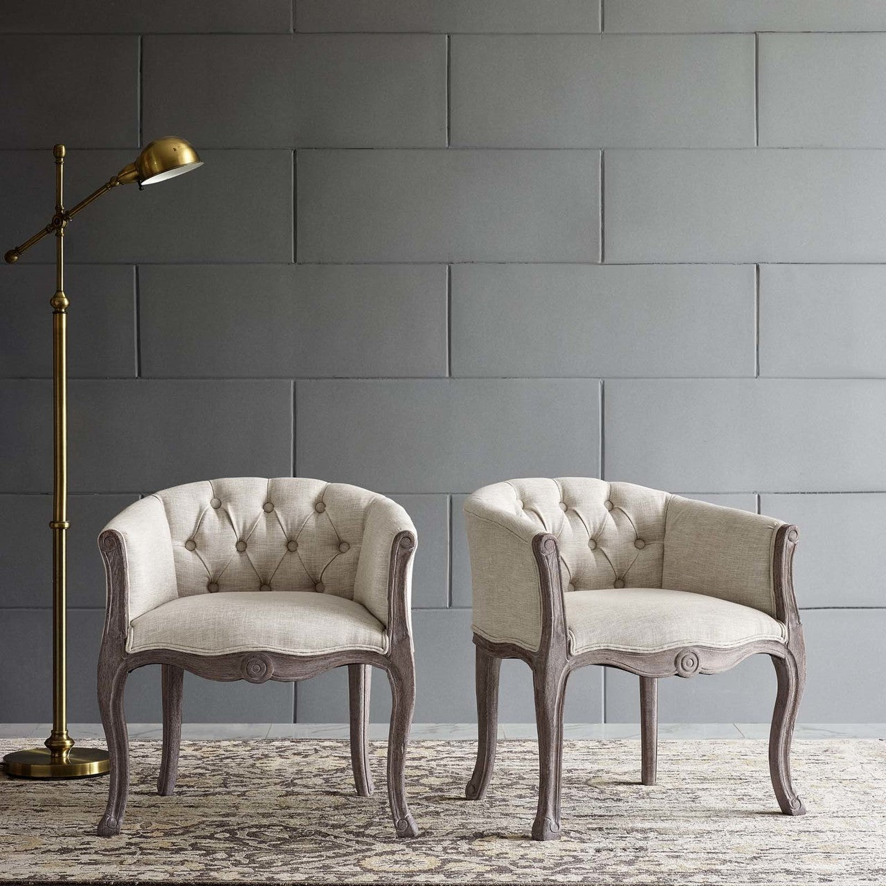 Crown Vintage French Upholstered Fabric Dining Armchair Set of 2, Fabric Wood, Beige 14177