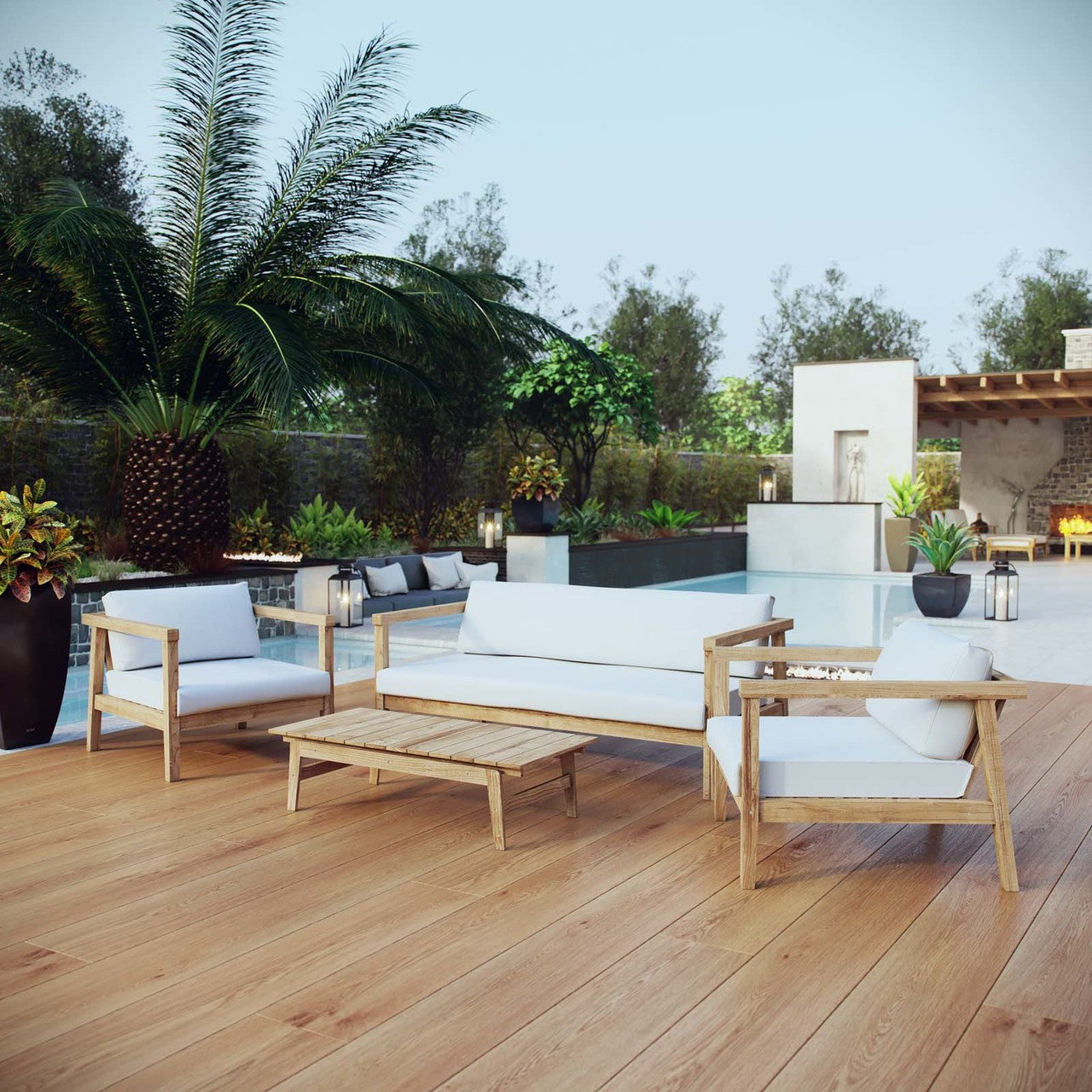 Bayport 4 Piece Outdoor Patio Teak Set, Wood, White Natural 14186