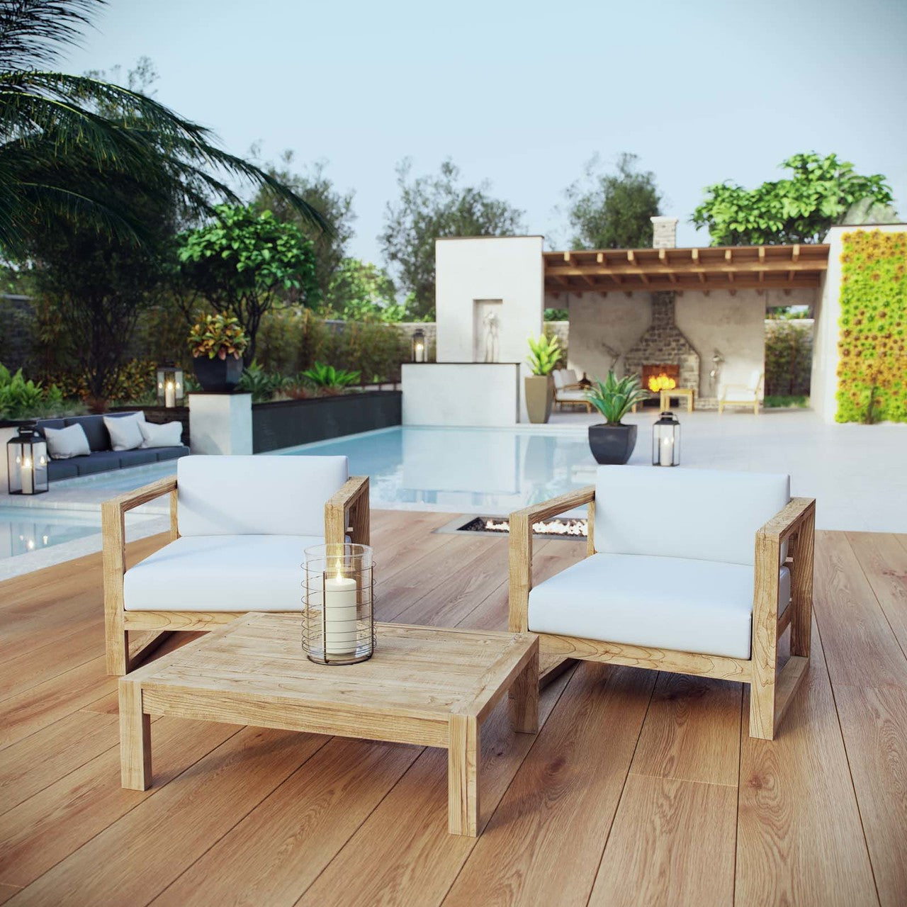 Upland 3 Piece Outdoor Patio Teak Set, Wood, White Natural 14189