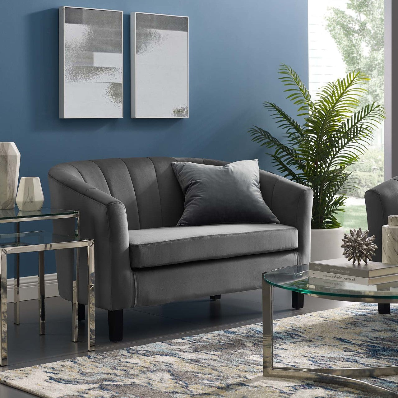 Prospect Channel Tufted Upholstered Velvet Loveseat, Velvet Fabric, Grey Gray 15050