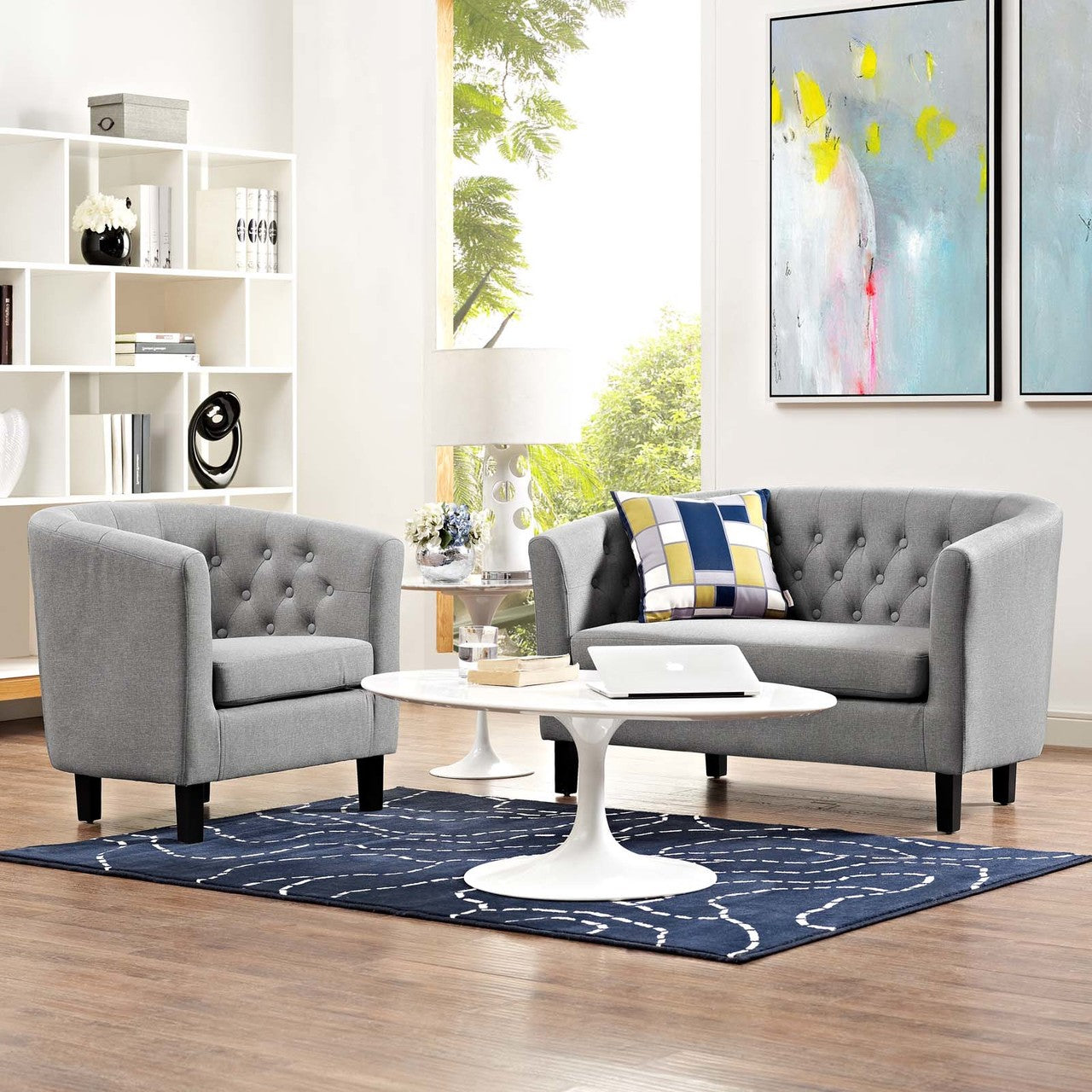 Prospect 2 Piece Upholstered Fabric Loveseat and Armchair Set, Fabric, Light Grey Gray 14201
