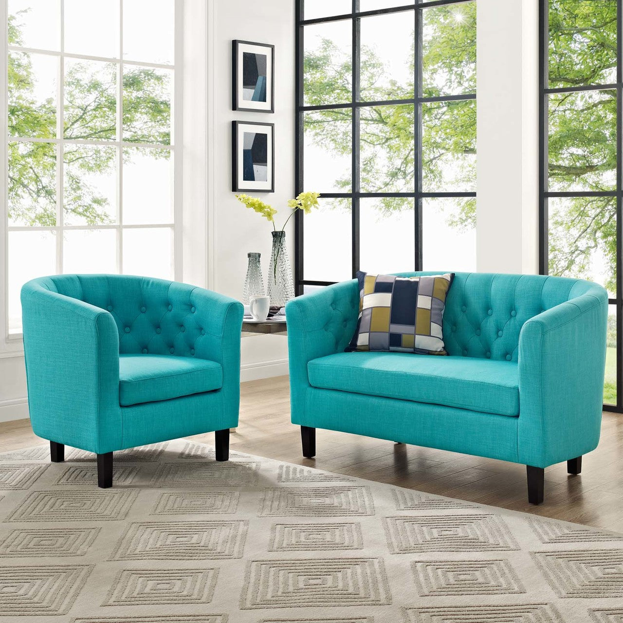 Prospect 2 Piece Upholstered Fabric Loveseat and Armchair Set, Fabric, Blue 14203