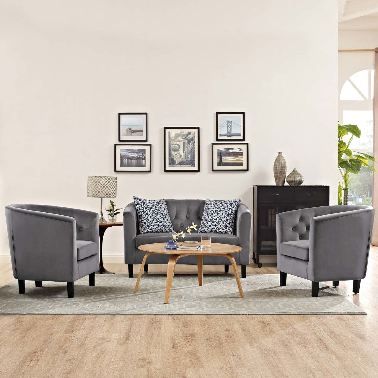 Prospect 3 Piece Velvet Loveseat and Armchair Set, Velvet Fabric, Grey Gray 14226