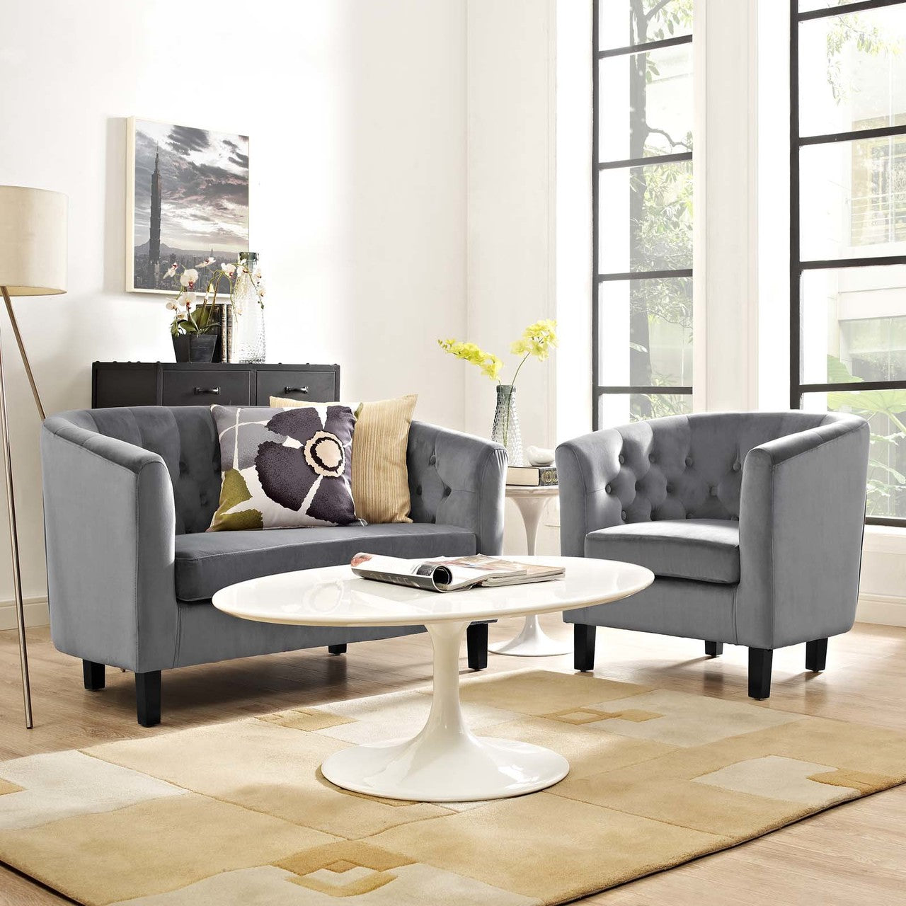 Prospect 2 Piece Velvet Loveseat and Armchair Set, Velvet Fabric, Grey Gray 14236