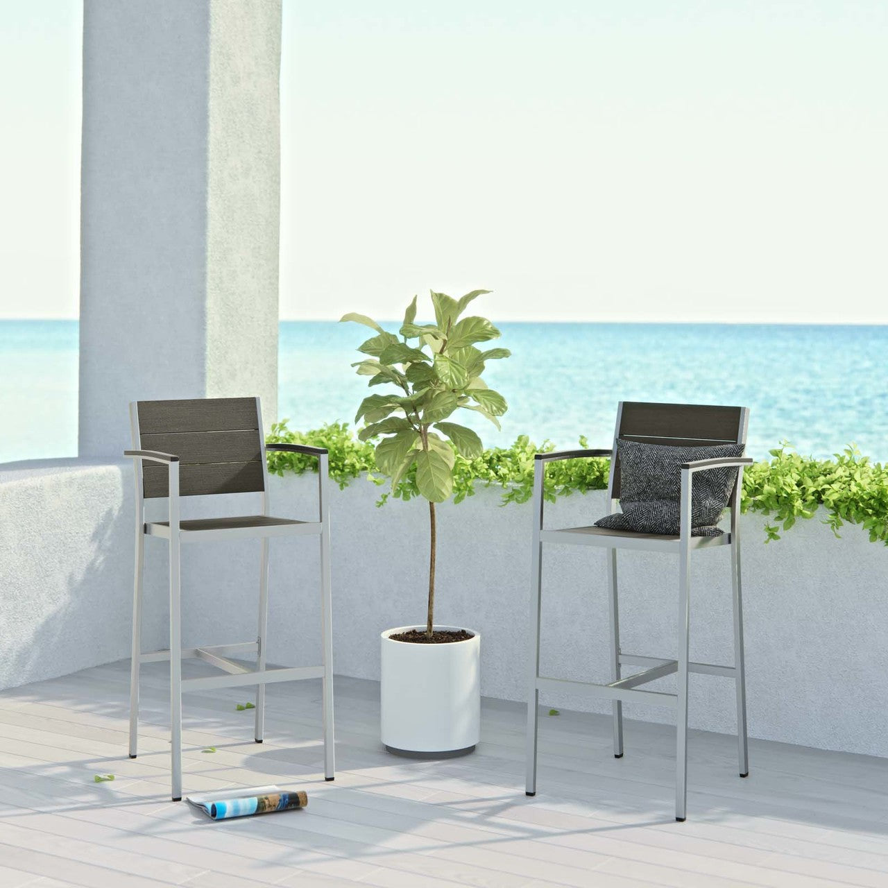 Shore Bar Stool Outdoor Patio Aluminum Set of 2, Aluminum Metal Steel, Grey Gray 14240