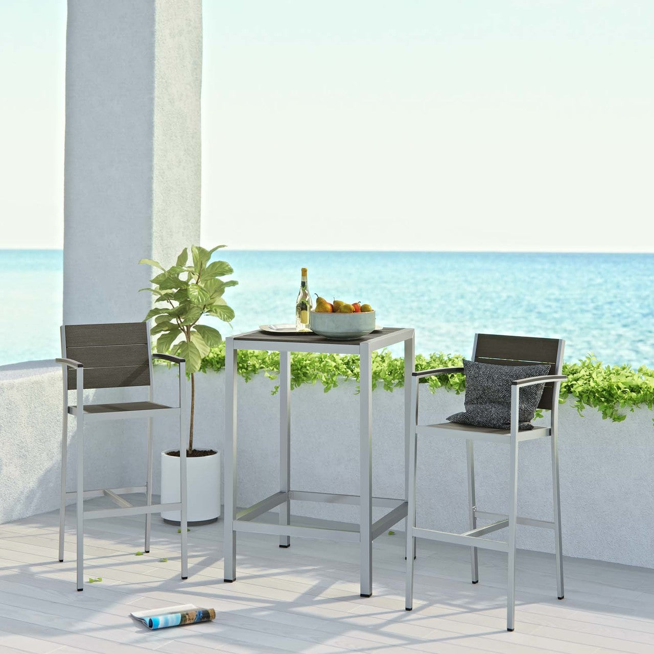 Shore 3 Piece Outdoor Patio Aluminum Outdoor Pub Set, Aluminum Metal Steel, Grey Gray 14242