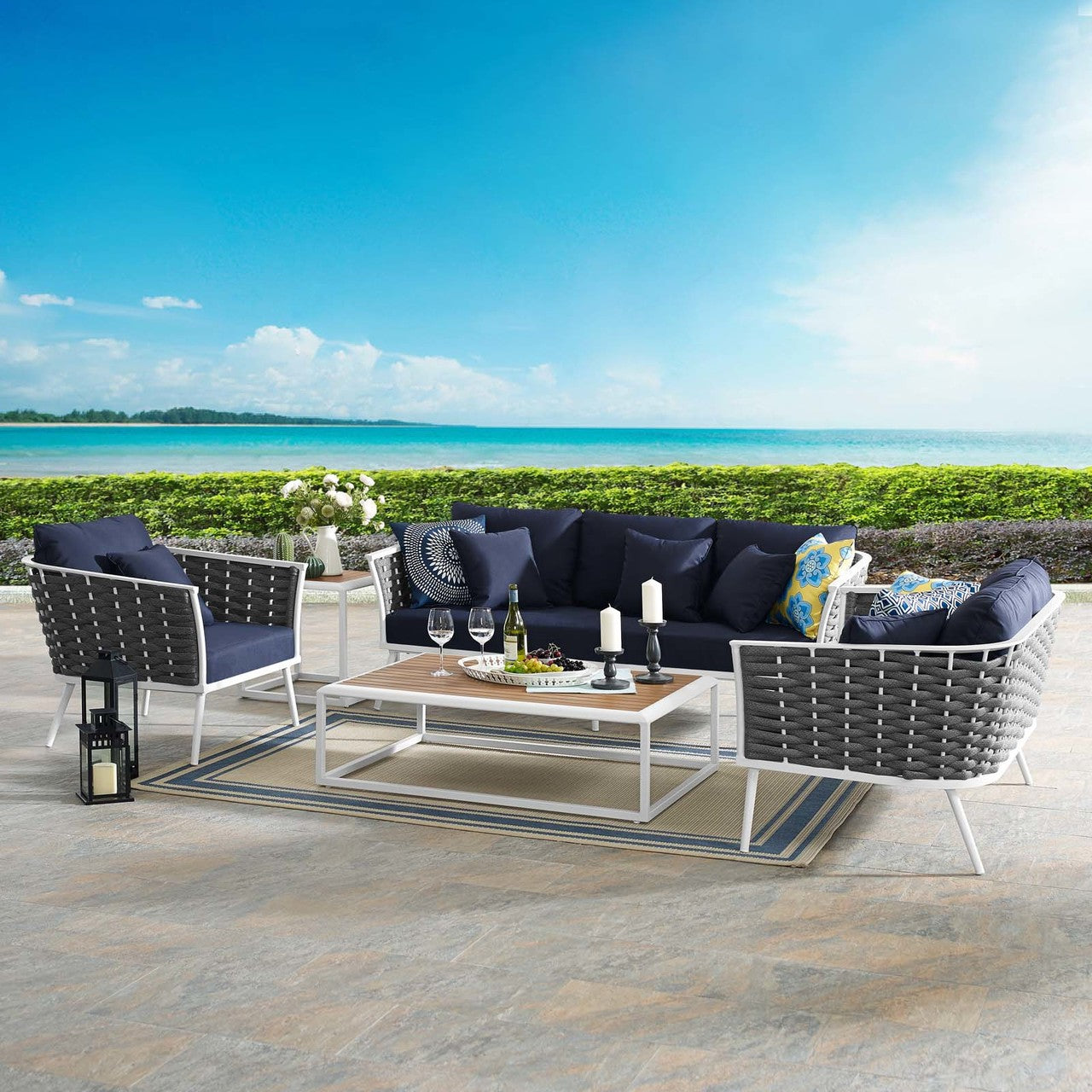 Stance 6 Piece Outdoor Patio Aluminum Sectional Sofa Set, Fabric Aluminium, White Navy 15323