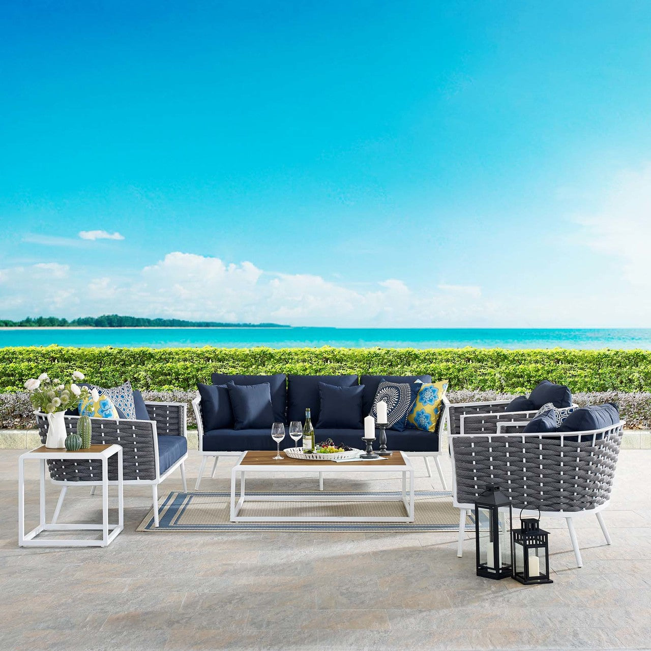 Stance 7 Piece Outdoor Patio Aluminum Sectional Sofa Set, Fabric Aluminium, White Navy 15325