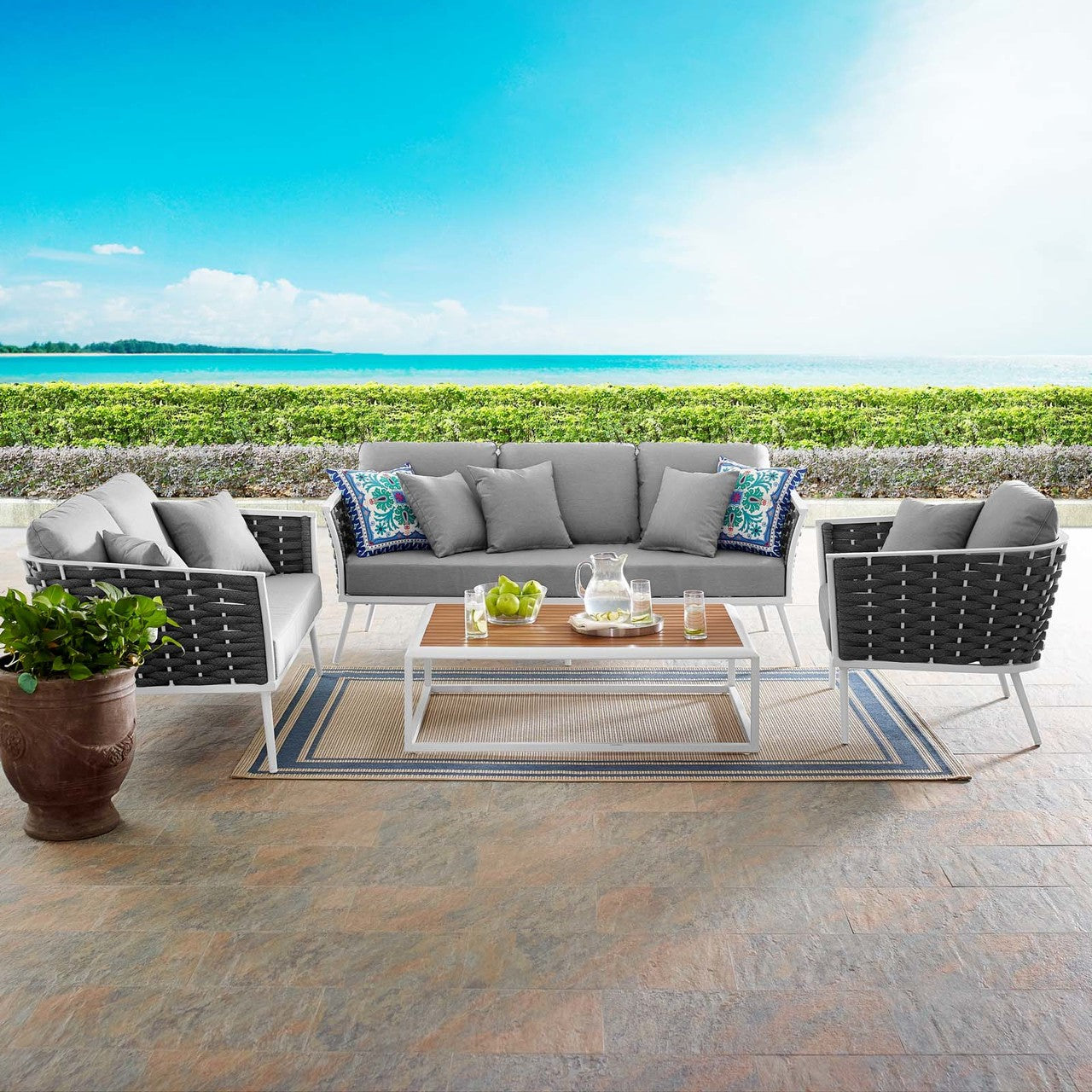 Stance 4 Piece Outdoor Patio Aluminum Sectional Sofa Set, Fabric Aluminium, White Grey Gray 15326