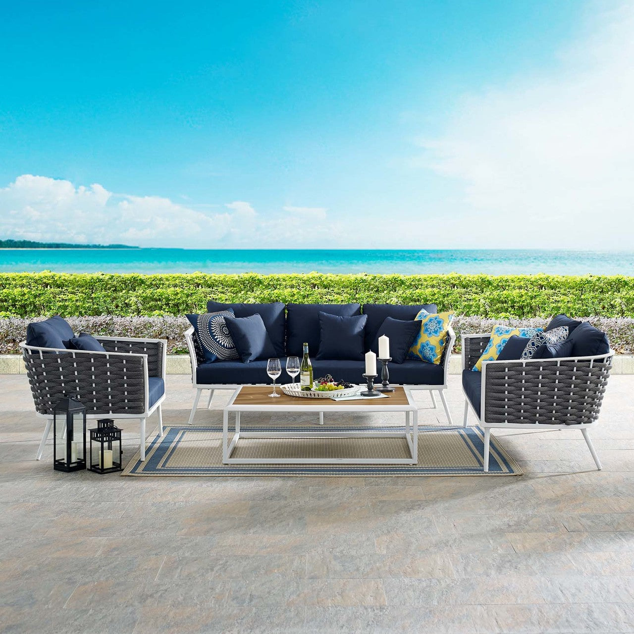 Stance 4 Piece Outdoor Patio Aluminum Sectional Sofa Set, Fabric Aluminium, White Navy 15327