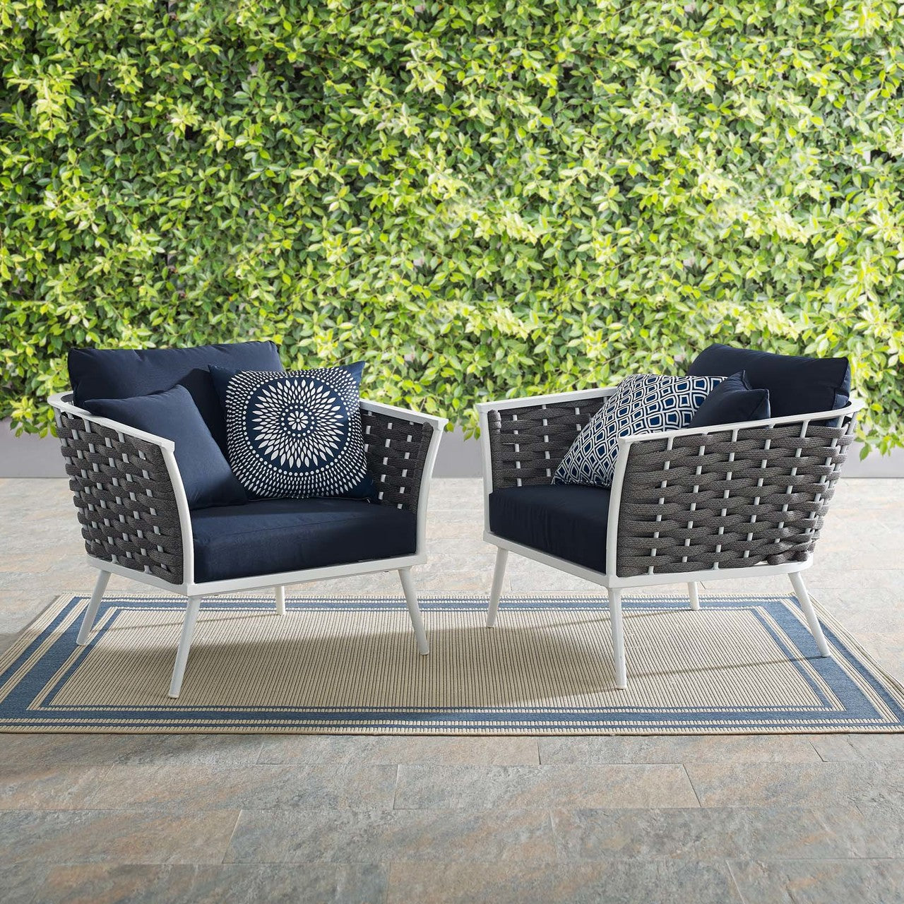Stance Armchair Outdoor Patio Aluminum Set of 2, Fabric Aluminium, White Navy 15329