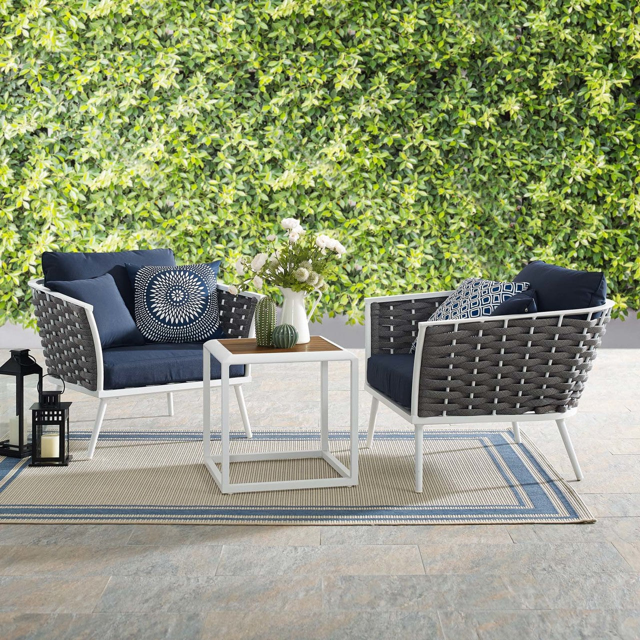 Stance 3 Piece Outdoor Patio Aluminum Sectional Sofa Set, Fabric Aluminium, White Navy 15331