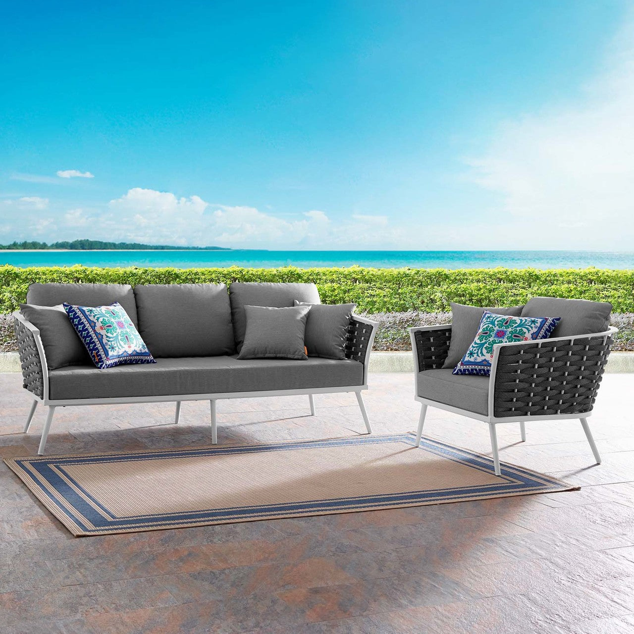 Stance 2 Piece Outdoor Patio Aluminum Sectional Sofa Set, Fabric Aluminium, White Grey Gray 15332