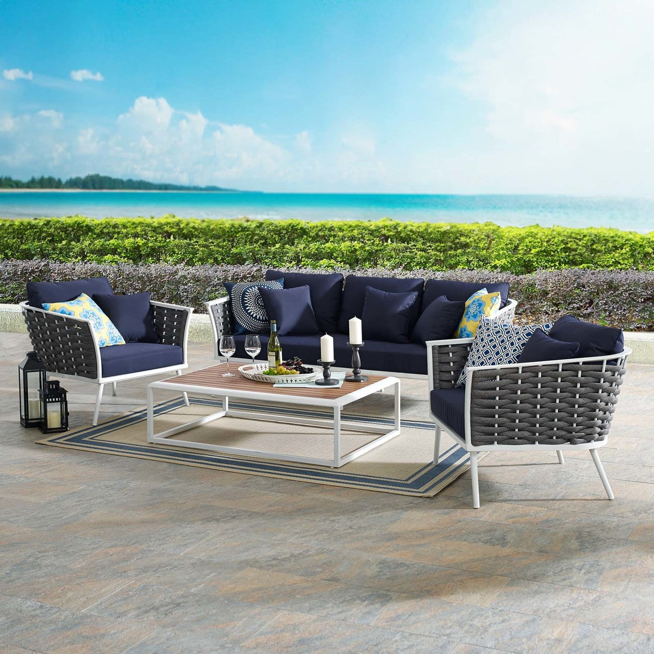Stance 4 Piece Outdoor Patio Aluminum Sectional Sofa Set, Fabric Aluminium, White Navy 15339