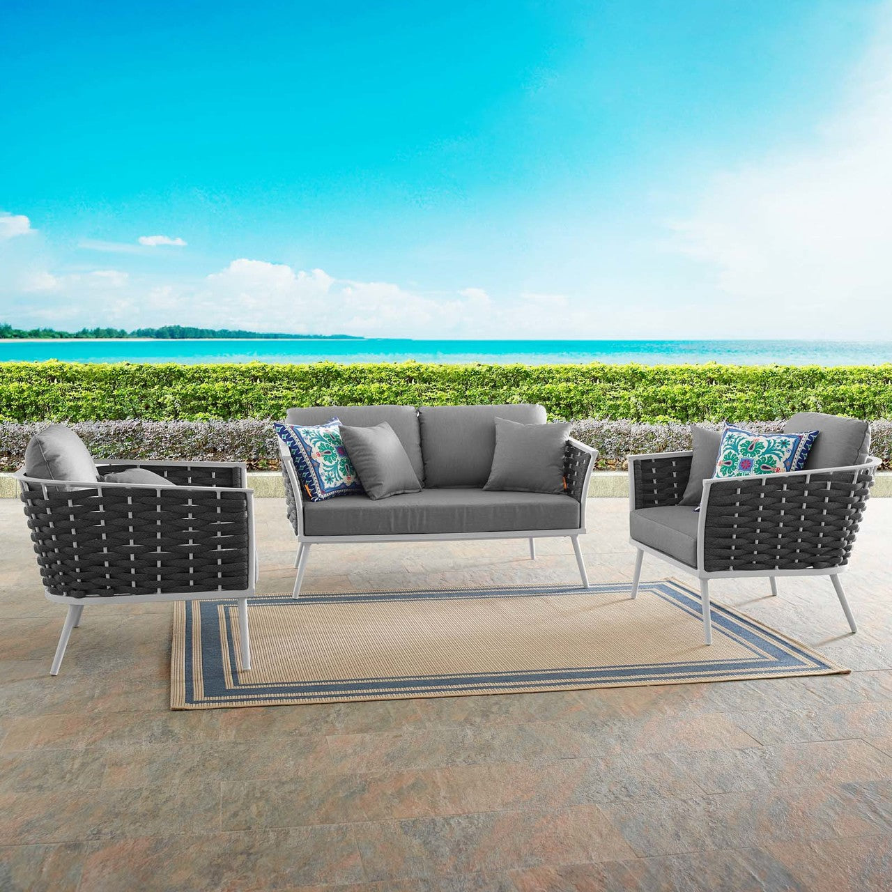 Stance 3 Piece Outdoor Patio Aluminum Sectional Sofa Set, Fabric Aluminium, White Grey Gray 15342