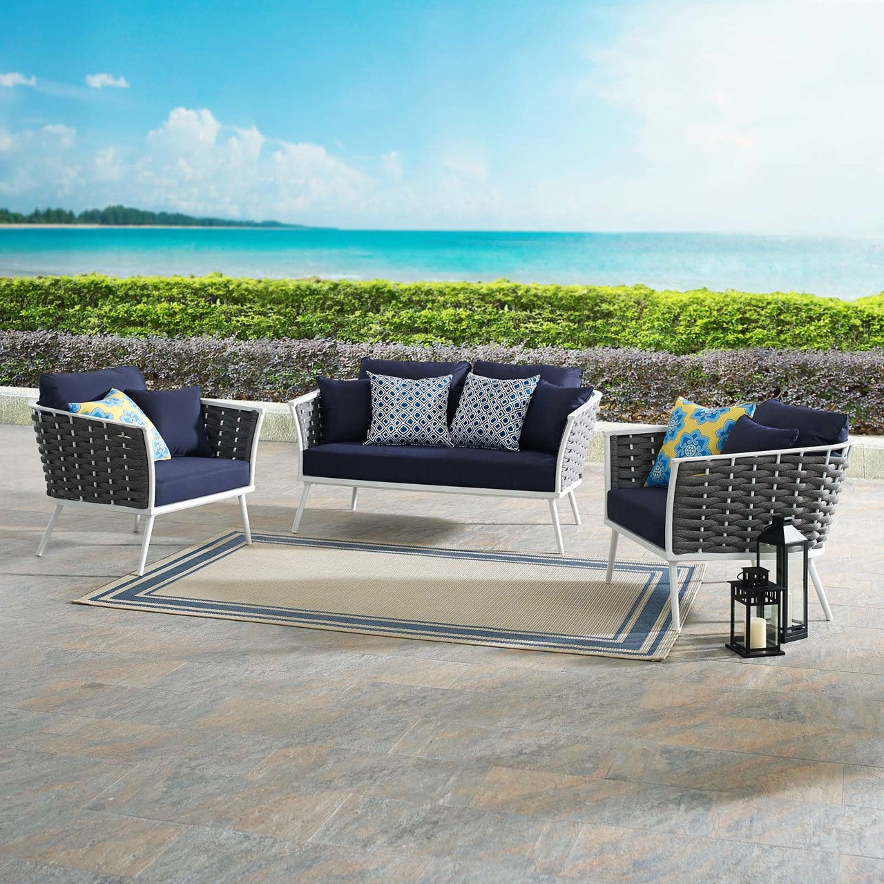 Stance 3 Piece Outdoor Patio Aluminum Sectional Sofa Set, Fabric Aluminium, White Navy 15343