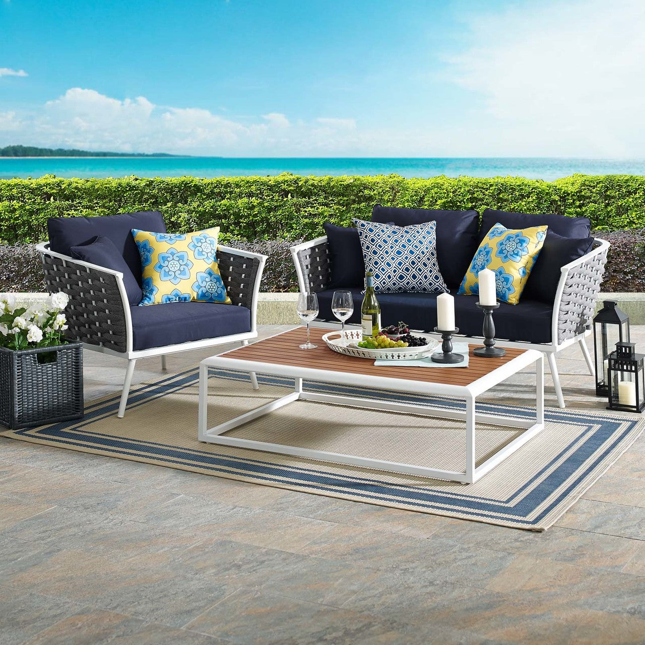 Stance 3 Piece Outdoor Patio Aluminum Sectional Sofa Set, Fabric Aluminium, White Navy 15345