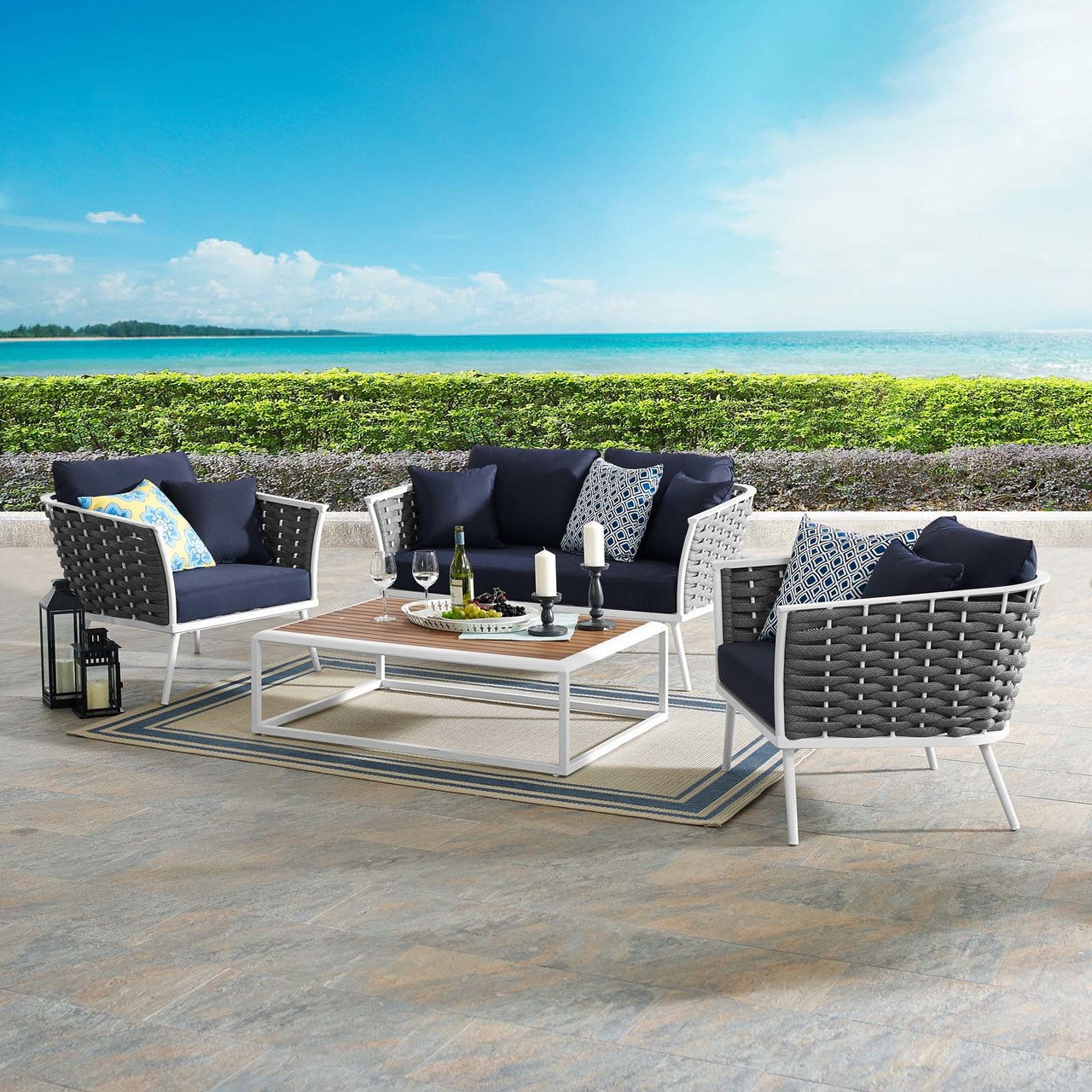 Stance 4 Piece Outdoor Patio Aluminum Sectional Sofa Set, Fabric Aluminium, White Navy 15347