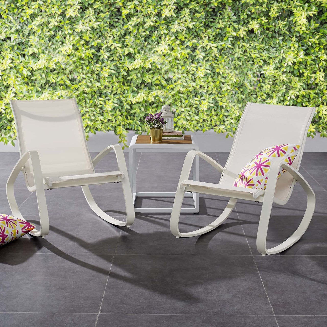 Traveler Rocking Lounge Chair Outdoor Patio Mesh Sling Set of 2, Aluminum Metal Steel, White 15690