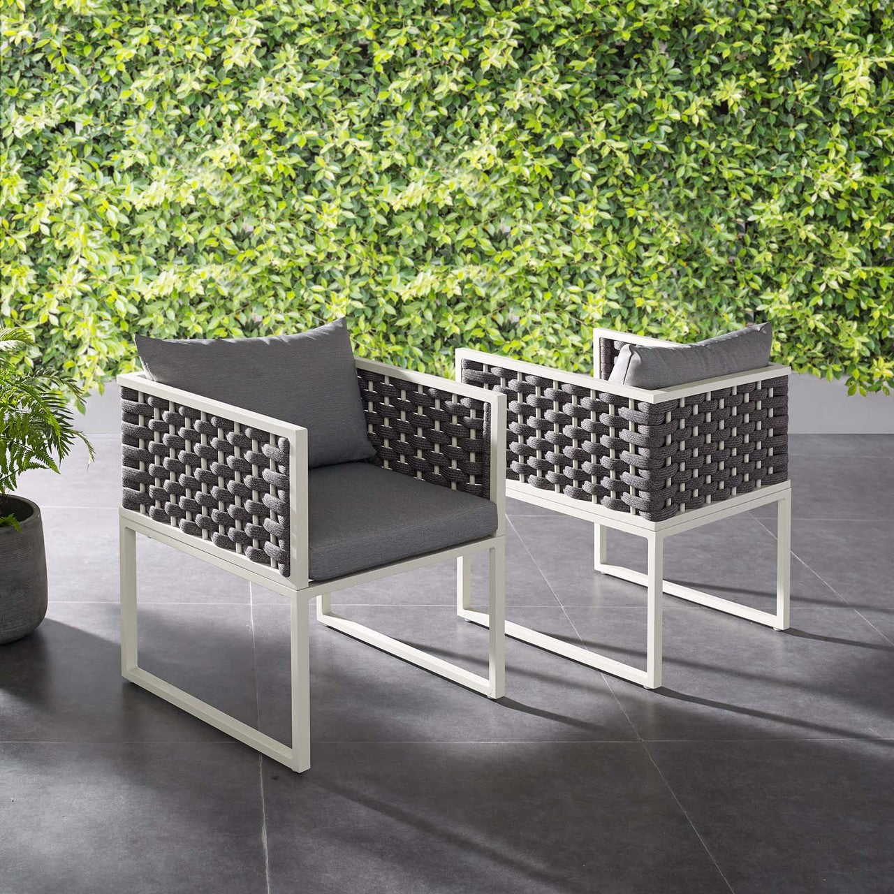Stance Dining Armchair Outdoor Patio Aluminum Set of 2, Fabric Aluminium, White Grey Gray 15692